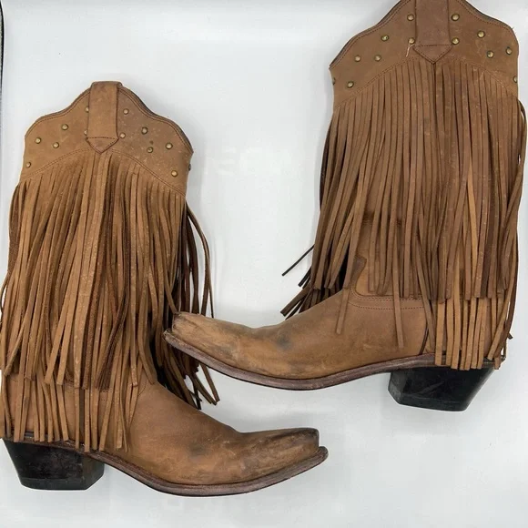 Old West Sz 8 Brown Leather Fringe Western Cowgirl Boho Boots - Picture 2 of 15